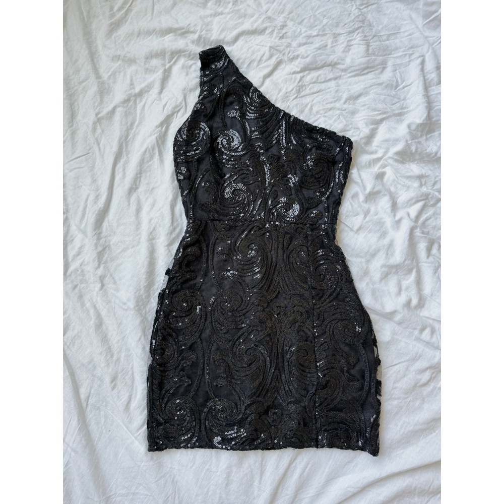 Lulus Black Sequin One Shoulder Mini Dress Women's Sz XS Black Sequin LBD